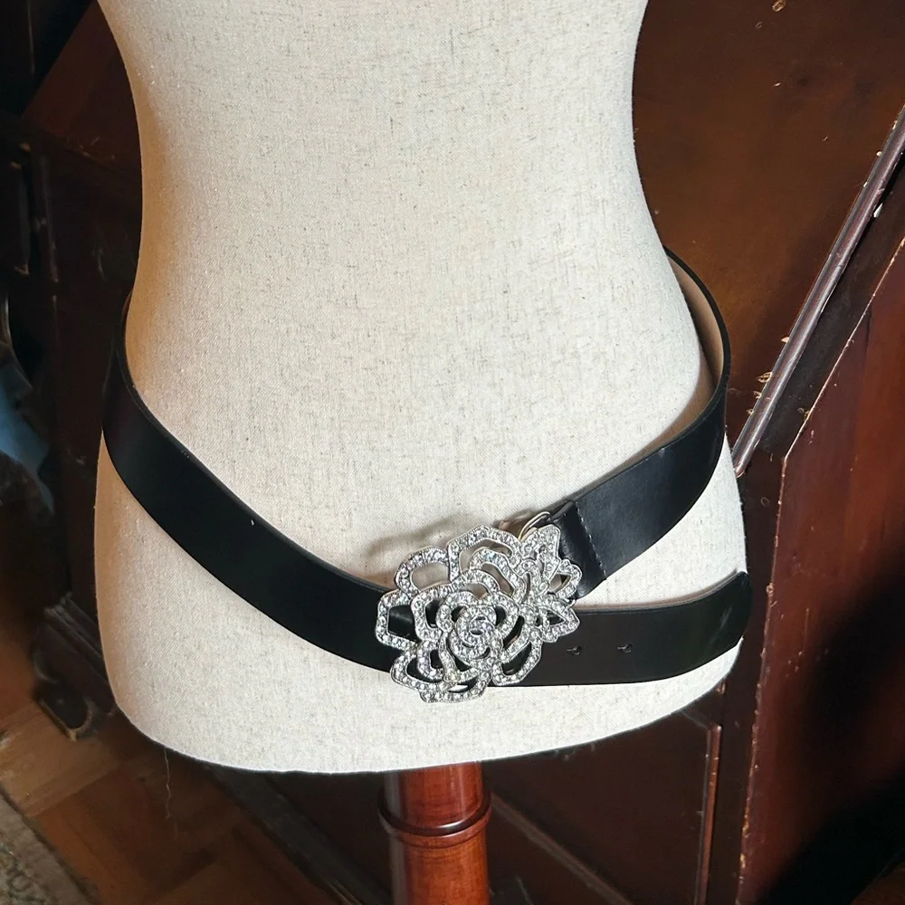 Vintage Rhinestone Rose Black Leather Belt